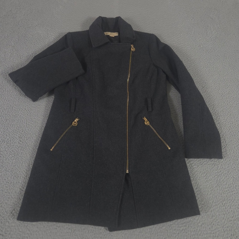 Michael Kors Jacket Womens Medium Charcoal Asymmetrical Zip Wool Blend Moto Coat